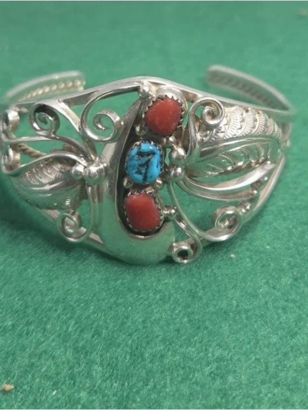 Sterling Silver Signed Turquoise & Coral Filigree Cuff Bracelet -